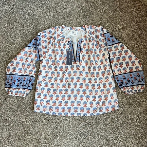 Renwick NWT Coral/Blue Floral Block Print Cotton 3/4 Sleeve Blouse, Size Medium - Picture 1 of 7